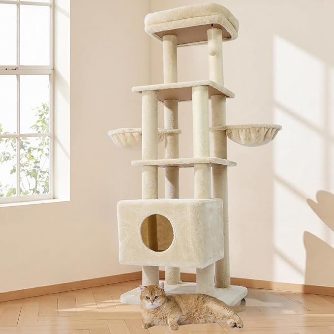 Gardner Pet 65in Heavy Duty Cat Tree Tower for Large Cats, Multi-Level Cat Furniture with Replaceable Sisal Scratching Post, Hammock | Extra-Large Platform & Condo (Beige)-Mewly Pet