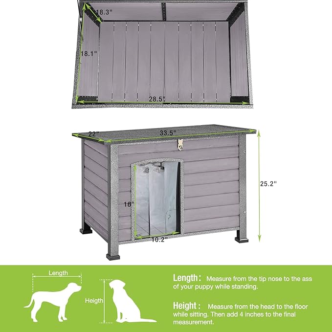 GUTINNEEN Chew Proof Dog House with Metal Iron Frame Outdoor Dog Kennel for Small Medium Large Indoor Dog Cage (33.5" L,Grey Color)-Mewly Pet