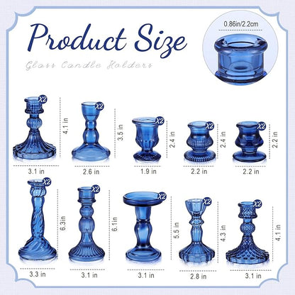 Mumufy 10 Pcs Glass Crystal Taper Candle Holders Clear Glass Candlestick Holder Fit 0.8 Inch Candles Crystal Decorative Candle Stand Centerpiece Table Wedding Dining Party (Classic,Blue)