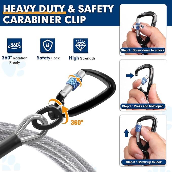 Snagle Paw Dog Leads for Yard 50FT-1000LBS Break Strength,Heavy Duty Tie Out Cable for Dogs with Swivel Lockable Hook & Spring,Chew Proof Dog Chain for Outside,Dog Run Cable for Medium Large Dogs-Mewly Pet