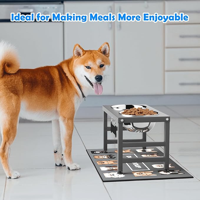 Elevated Dog Bowls, 10" Tall Height, Raised Bowl Stand with 2 Stainless Steel Food Feeder Bowls (58oz) and Spill-Proof Mat for Medium Large and Small Breeds, Grey-Mewly Pet