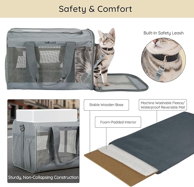 BELLA & PAL Cat Carrier Travel Bag, Airline Approved Lightweight Cat Carrier, Soft Sided Pet Carrier for Puppy Dogs Up to 18lbs, Collapsible Kitten Bag with Removable Waterproof Mat, Ventilated Mesh-Mewly Pet