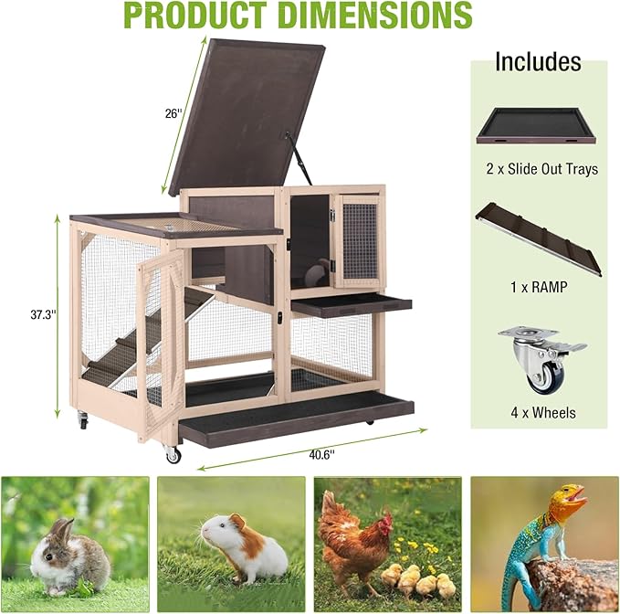 GUTINNEEN 2-Story Rabbit Hutch with Chew-Proof Ramp & Pull-Out Trays - Indoor/Outdoor 39.3" Wooden Rabbit Cage on Wheels for Rabbits, Guinea Pigs (Dark Brown)-Mewly Pet