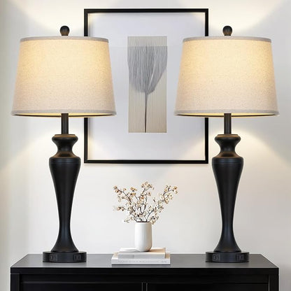 30" Black Table Lamps Set of 2, Touch Control Tall Living Room Lamp with USB A+C Ports and AC Outlet, 3-Way Dimmable Bedside Lamps for Nightstand, Modern Metal Bedroom Lamp, 2 Bulbs Included