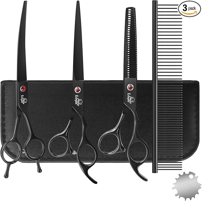 7.0" Professional Dog Grooming Scissors Kit – 3-Piece Set with Straight, Curved & Thinning Shears, Black Japanese Stainless Steel, Includes Grooming Comb for Dogs & Cats-Mewly Pet