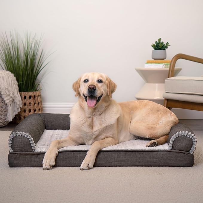 Furhaven Orthopedic Dog Bed for Large/Medium Dogs w/ Removable Bolsters & Washable Cover, For Dogs Up to 55 lbs - Luxe Faux Fur & Performance Linen Sofa - Charcoal, Large-Mewly Pet