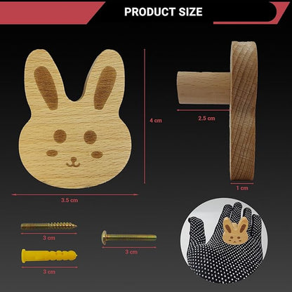 4PCS Wooden Rabbit Shaped Cabinet Knobs, Cabinet Handles, Single Hole Beech Wood Handles, Wood Hooks with Full Set of Screw Accessories