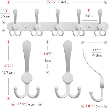 Coat Rack Wall Mount with 5 Tri Hooks, Stainless Steel 16 Inch – White Matte Finish, Heavy Duty Wall Mounted Hook Rack for Coats, Hats, Towels, Scarfs, Robes, Bags, Entryway & Bathroom