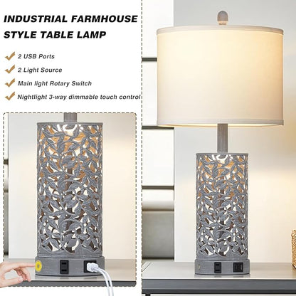 Vintage Lamp for Living Room Set of 2,Antique Retro Bedside Nightstand Lamps with 2 USB Ports & AC Outlet,Touch Control Industrial Desk Lamp for Bedroom Entryway,Gray
