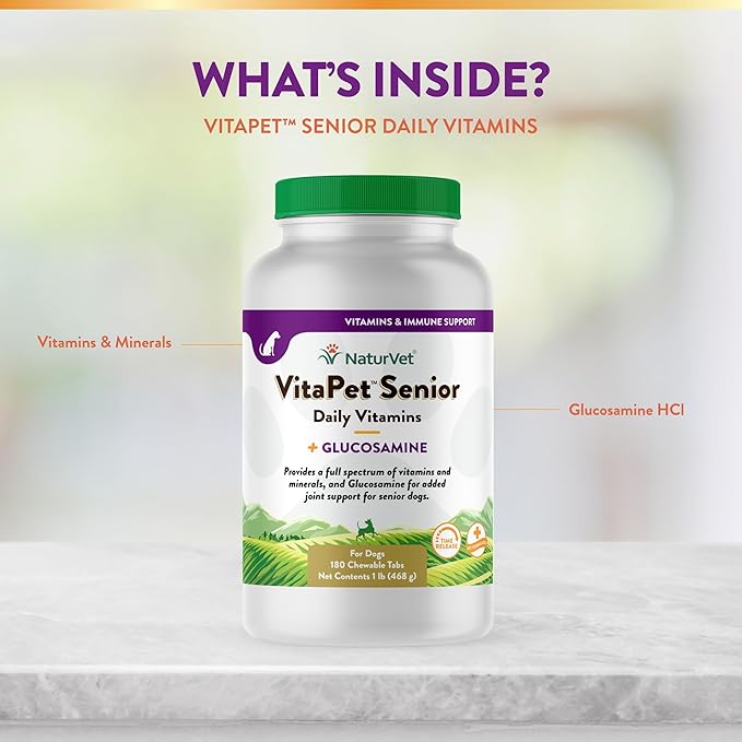 NaturVet VitaPet Senior Daily Vitamins Plus Glucosamine, Dog Multivitamin Supplement, Chewable Tablets, Time Release, Made in The USA with Globally Source Ingredients 180 Count-Mewly Pet