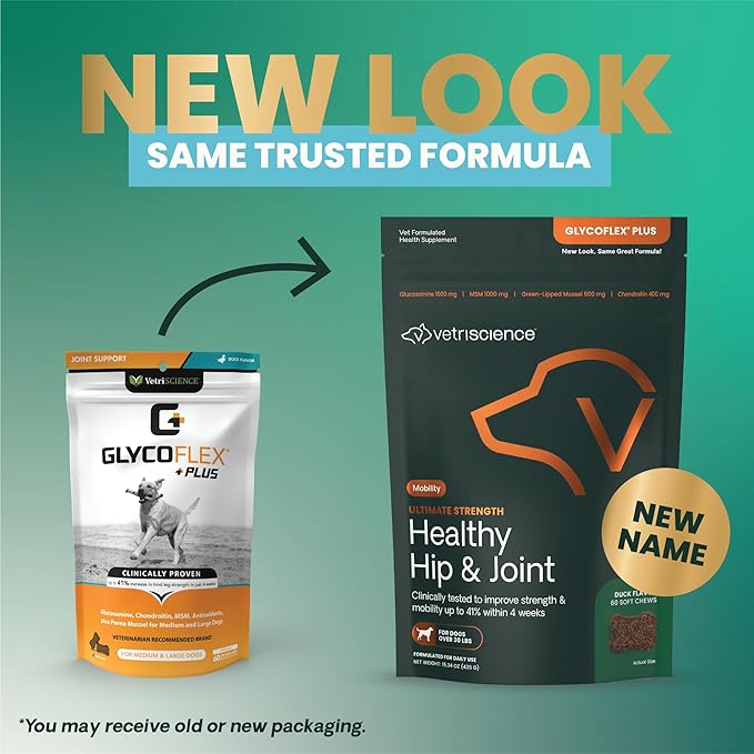 VetriScience Ultimate Strength Healthy Hip & Joint Chews, GlycoFlex Glucosamine, Chondroitin and Green-Lipped Mussel Joint Support Supplement for Dogs, Soothe Joint Discomfort, Duck, 120 Count-Mewly Pet