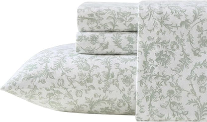 Laura Ashley - Flannel Sheets King Size, Anti-Pilling & Wrinkle Resistant Cotton, Touchably Soft for All-Season Comfort - Bed Sheets with Matching Pillowcases & Fitted Sheet (Brinna Green)
