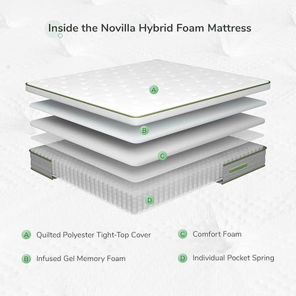 Novilla Queen Mattress, 12 Inch Hybrid Pillow Top Queen Size Mattress in a Box with Gel Memory Foam & Individually Wrapped Pocket Coils Innerspring for a Cozy & Peaceful Sleep