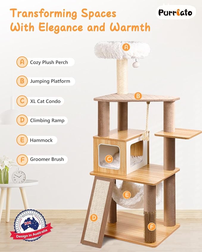 61" Wooden Cat Tree Tower for Indoor Cats, Luxury Modern Wooden Tower with XL Plush Lounge, Hammock & Scratching Posts for Maine Coon 20 lbs-Mewly Pet