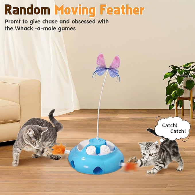 Interactive Cat Toys for Indoor Cats, 4in1 Pet Teaser Toy with Ambush Feather Wand, Motorized Fluttering Butterfly and Slow Feeder, Rechargeable Power Treat Puzzle Toy(Blue)-Mewly Pet