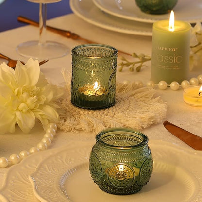 DARJEN 48Pcs Green Votive Candle Holders- Glass Candle Holders Bulk for Flameless LED Tea Waxes, Romantic Candle Holder for Wedding Decor, Various Parties & Dinner Table
