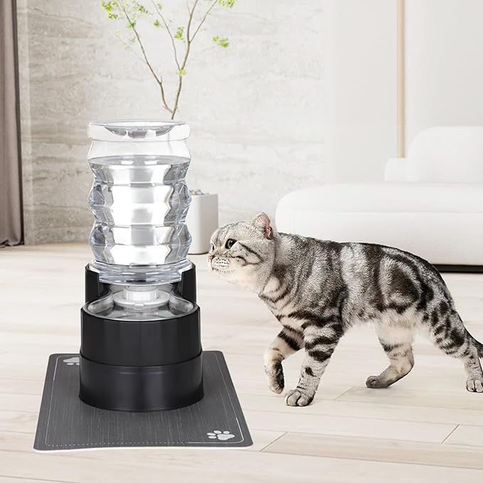 RIZZARI Automatic Cat Water Dispenser: Black 7L Elevated Fountain - Stainless Steel Gravity Feeder - Splash Guard Mat-Mewly Pet