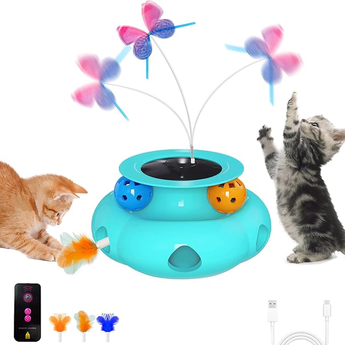 Interactive Cat Toys for Indoor Cats, 3in1 Pet Teaser Toy with Ambush Feather Wand, Fluttering Butterfly and Track Balls, Touch Activated Automatic Kitten Rechargeable Toys-Mewly Pet