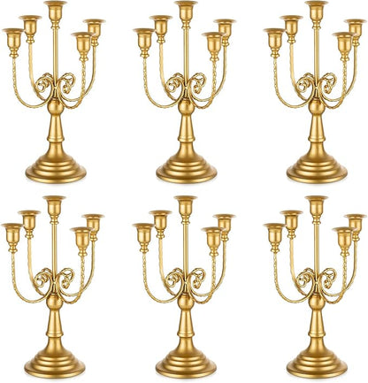 Romadedi Candelabra Gold Candle Holders - 5 Arm 11.8" Wedding Candlestick Holder for Theme Party Table Centerpiece Decor Dining Room Birthday Holiday Christmas, Set of 6