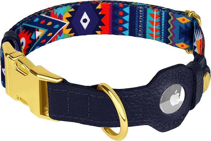 AirTag Dog Collar for Small Medium Large Breed - Adjustable Cute Pattern Dog Collar with Airtag Holder - Soft Leather Tracker GPS Apple Air Tag Pet Collars (Small, 12"-15" Neck Fit, Navajo)-Mewly Pet