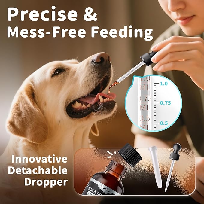 Dog Flea and Tick Support, Natural Herbal Flea & Tick Comfort for Dogs, Flea Liquid Drops Supplement for Dogs with Neem, Oregano, Pumpkin Seed Oil - Beef Flavor, 2 FL.Oz - All Breeds & Sizes-Mewly Pet