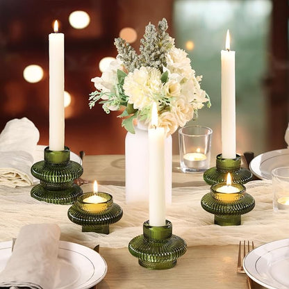Green Taper Glass Candlestick Holders Tealight Candle Holders for Table Centerpieces, Wedding Decor and Dinner Party (8 Pcs, Green)