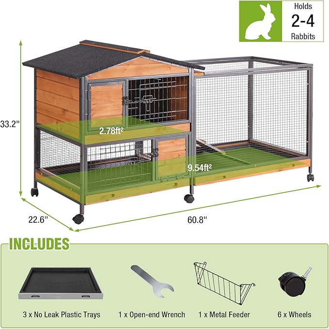 GUTINNEEN 2-Story Rabbit Hutch with Chew-Proof Full Metal Frame for Indoor/Outdoor - 62" Bunny Cage with 6 Locking Casters & 2 Pull-Out Trays for Rabbits, Guinea Pigs, Small Pets (Brown)-Mewly Pet