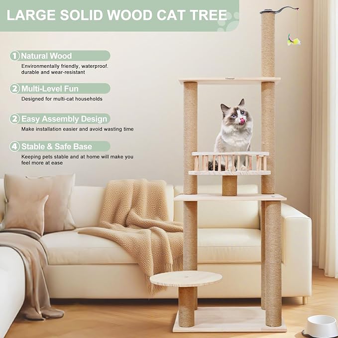 Wood Cat Tree 17” x 16”x 53” Modern Sturdy Cat Tower with Double Condos Hand-Woven Beds & Toys Multilevel Huge Paws Pals Tree Indoor Cat Furniture for Big Cats-Mewly Pet