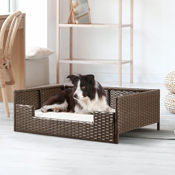 YITAHOME Rattan Dog Sofa Bed with Cushion, Wicker Pet Bed Sofa Couch Indoor Outdoor Waterproof for Large Medium Small Dogs Cats (34.6''L*23.6''W*11.8''H,Beige)-Mewly Pet