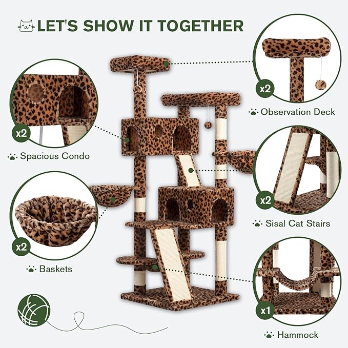 MUTICOR 66 Inches Multi-Level Large Cat Tree Tower for Indoor Big Feline/Cozy Plush Perches/Condo/Sisal Scratching Posts/Hammock and Baskets/Activity Center Play House/Wide Base/Leopard Print-Mewly Pet