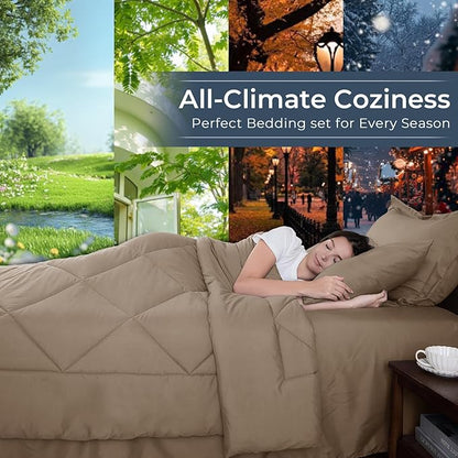 HEVUMYI Khaki Queen Comforter Set - 7-Piece All Season Bed in a Bag Queen, Ultra Soft Bedding Set with Comforter, Flat Sheet, Fitted Sheet, Pillowcases, Pillow Shams