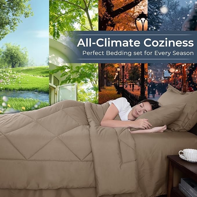 HEVUMYI Khaki Twin-XL Comforter Set - 5-Piece All Season Bed in a Bag Twin-XL, Ultra Soft Bedding Set with Comforter, Flat Sheet, Fitted Sheet, Pillowcases, Pillow Shams