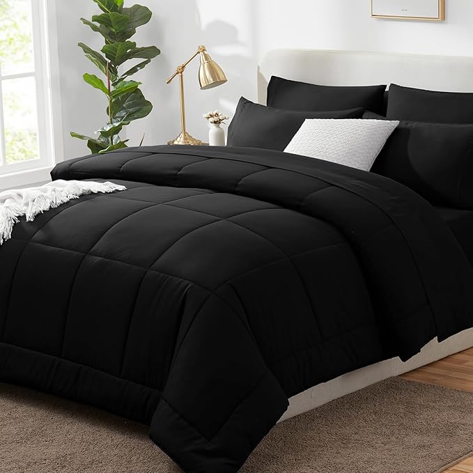 CozyLux California King Comforter Sets Black, 7 Pieces Cal King Bed in a Bag, All Season Bedding Sets with Stitch Quilted Comforter, Flat Sheet, Fitted Sheet, Pillowcases