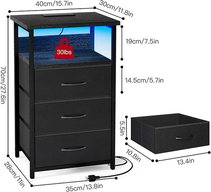 Fixwal Night Stand with Charging Station, LED Nightstand with U-S-B Ports and Outlets, 3 Fabric Storage Drawers with PU Finish, Bedside Table, Black