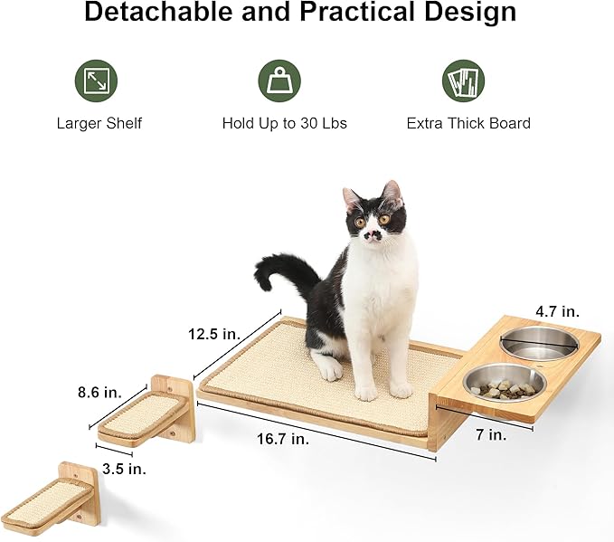 FUKUMARU Cat Wall Shelves, 3 In 1 Cats Walls Furniture Set, Food Station with 2 Steps , Solid Rubber Wood Perch, Suitable for Kitten Play, Nap, Eat, DIY Wall Jungle Gym-Mewly Pet