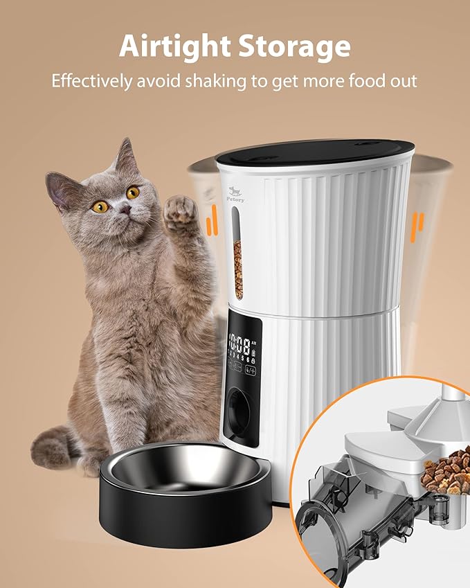Petory Automatic Cat Feeders - 4L Timed Cat Feeders for Dry Food Built-in Battery up to 6 Meals with Desiccant Bag Support Dual Power 10S Recorder-Mewly Pet