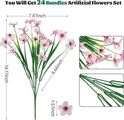 Lnoicy 24 Pcs Artificial Flowers for Outdoor,Plastic Flowers Decoration, UV Resistant Faux Flowers Shrubs, Artificial Plants for Indoor Outside Garden Home Wedding Farmhouse(Pink)