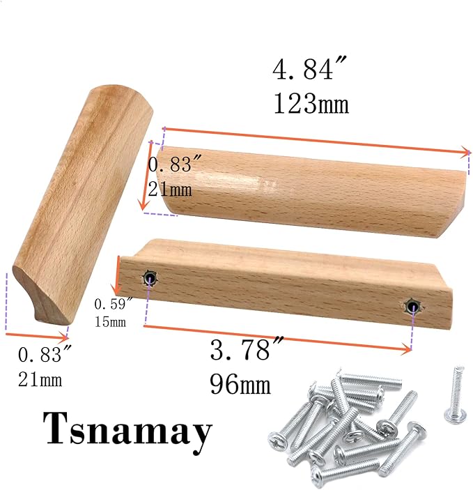 10Pcs 4.84" Wood Solid Furniture Pulls Handles, Painted Smoothly Wooden Handles Cupboard Closet Drawer Handle Pull,Hole Dis.3.78"