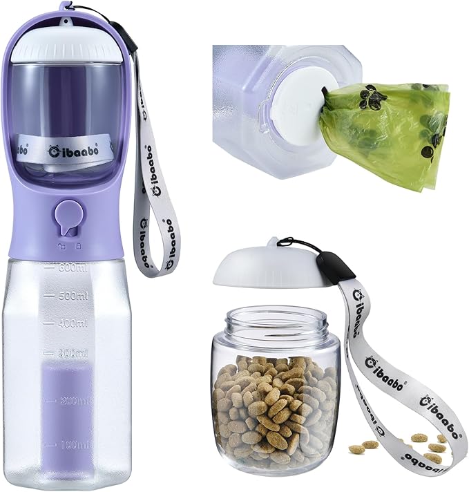 Dog Water Bottle with Food Container & Poop Bag Holder, Travel Water Bowl, Portable Pet Dispenser, Dog Stuff Accessories Items, Puppy Essentials Necessities for Yorkie Chihuahua Walking Hiking-Mewly Pet