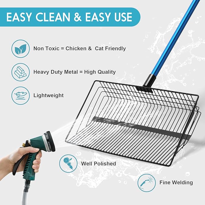 Large Chicken Poop Scooper & Rake: 22"-41" Extendable Long Handle Metal Chicken Coop Scooper with Detachable Heavy Duty Litter Sifting Shovel for Pet Waste | Chicken Coop Accessories-Mewly Pet