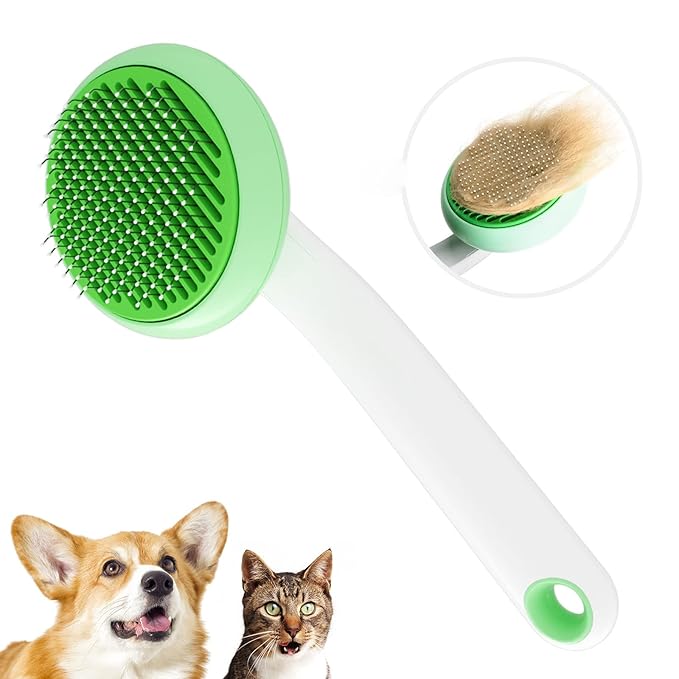 Self-Cleaning Cat Brush for Shedding & Pet Grooming - Effortlessly Removes Tangles, Loose Undercoat, and Mats for Cats & Dogs (Green)-Mewly Pet