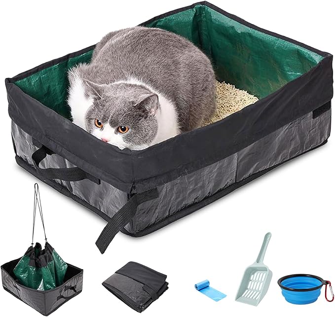 Travel Litter Box for Cats, Foldable Portable Litter Box, Leak Proof Cat Travel Carrier with Kitty Litter Scoop Bowl, Collapsible Waterproof Odor Free Easy Carrier for Car Outdoor-Mewly Pet