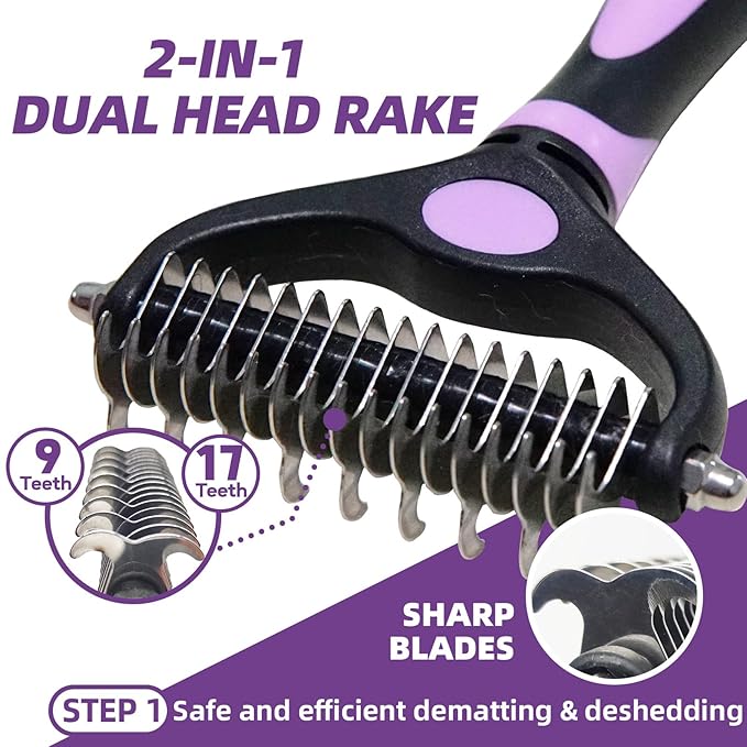 Dog Brush for Shedding, 7 PCS Dog Grooming Brush Kit Including Undercoat Rake, Slicker Brush, Dematting Comb, Nail Clipper, Bath Brush for Long & Short Haired Dogs, Cats - Purple-Mewly Pet