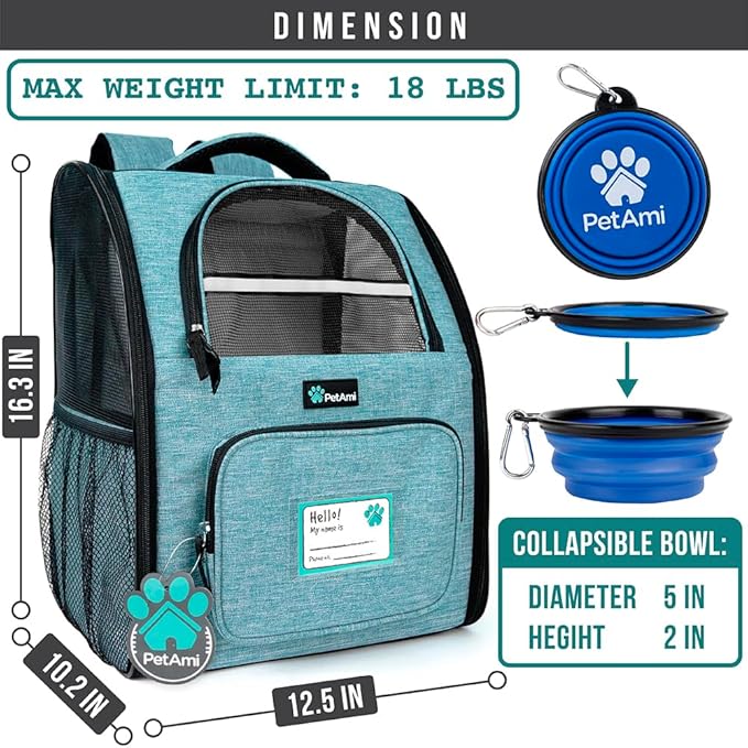 PetAmi Dog Backpack Carrier for Small Large Cat, Pet, Puppy, Ventilated Pet Hiking Backpack Travel Bag, Airline Approved Cat Backpack Carrier, Camping Biking Dog Bag Up to 18lbs Pet, Teal Turquoise-Mewly Pet