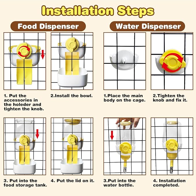 kathson Automatic Rabbit Feeder and Waterer Set, Gravity Pet Food Water Dispenser Bunny Pellet Feeder Small Animal Feeding & Watering Supplies for Guinea Pig Ferret Crate Accessories (Yellow)-Mewly Pet