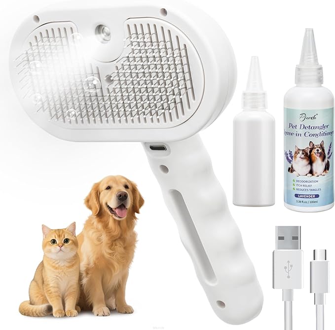 Pet Steam Brush for Dogs & Cats with Pet Conditioner, 4 in 1 Spray Hair Removal Comb for Shedding & Grooming, Self Cleaning Water Brush for Long & Short Haired Pets-Mewly Pet