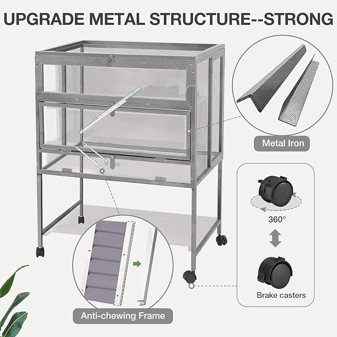 Guinea Pig Cage, Moveable Metal Frame Hamster Cage Anti-Chewing with Aluminium Alloy Edge, Hideouts, Ramps, Seesaws Chewing Toy, Deeper Pull-Out Leakproof Tray for Indoor Outdoor(Grey-Mewly Pet