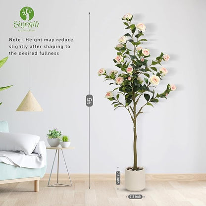 5FT Artificial Camellia Tree with White Planter & Pebbles,Faux Flower Tree with Lifelike Leaves and Realistic Trunk,Tall Fake Potted Plant for Home Decor Indoor Outdoor. (White, 5FT)