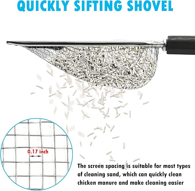 PINVNBY Stainless Steel Chicken Poop Scooper 3 in 1 Adjustable Long Handle Poop Scooper for Chicken(22.3" to 47.6") Multifunctional Chicken Coop Cleaning Tools Sifting Shovel Chicken Coop Accessories-Mewly Pet