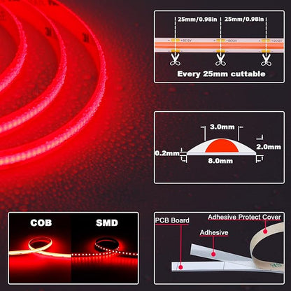 TOPAI 12V COB LED Strip Light Red 16.4ft Waterproof IP65 Dotless High Density 480LEDs/M Super Bright Cuttable Flexible LED Tape Light for Cabinet Home DIY Lighting Projects